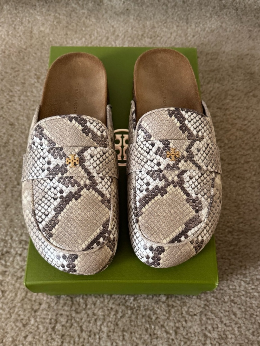 Tory Burch Neutral Snake-Print Slide Mules with Gold Logo